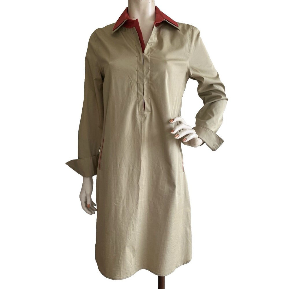 ELIE TAHARI Dress Khaki Brown Red Trim Long Sleeve Minimalist Shirt Dress Size 8
